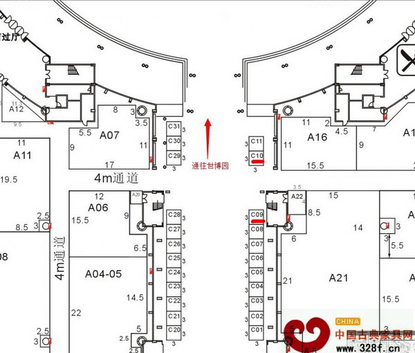 中國(guó)古典家具網(wǎng)、《品牌紅木》雜志展位在往世博園的主通道兩側(cè)的C09、C10