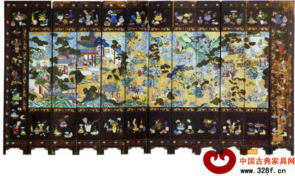 清前期 黑漆刻灰彩繪群仙祝壽圖十二扇圍屏(故宮博物院藏) 清前期 黑漆刻灰彩繪群仙祝壽圖十二扇圍屏(故宮博物院藏)