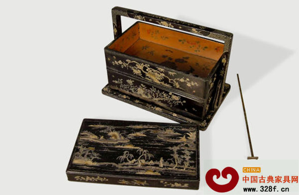 清前期 黑漆嵌螺鈿加金銀片山水人物紋提盒 清前期 黑漆嵌螺鈿加金銀片山水人物紋提盒