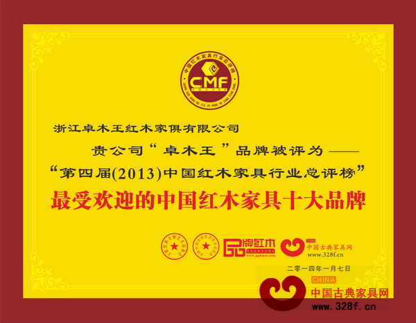卓木王紅木榮獲“2013年最受歡迎的中國(guó)紅木家具十大品牌” 卓木王紅木榮獲“2013年最受歡迎的中國(guó)紅木家具十大品牌”
