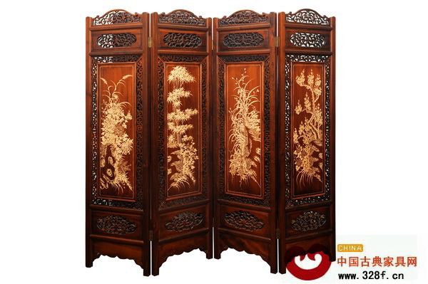 紅木屏風(fēng)中的梅蘭竹菊(國(guó)祥紅木供圖) 紅木屏風(fēng)中的梅蘭竹菊(國(guó)祥紅木供圖)