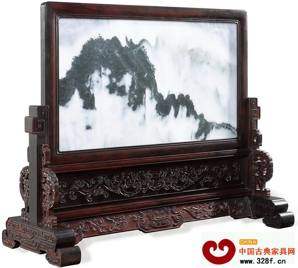 小葉紫檀鑲理石夔鳳紋臺屏 小葉紫檀鑲理石夔鳳紋臺屏
