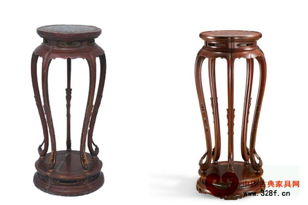 故宮紅漆嵌琺瑯面梅花式香幾(左),區(qū)氏改制大紅酸枝梅花幾(右) 故宮紅漆嵌琺瑯面梅花式香幾(左),區(qū)氏改制大紅酸枝梅花幾(右)