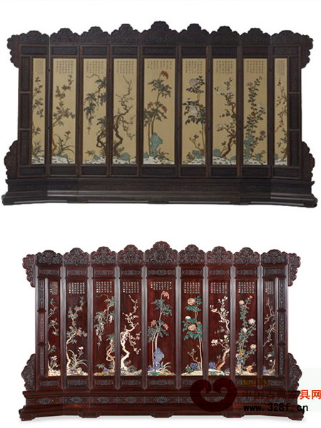 故宮典藏紫檀邊座嵌玉石花卉寶座屏風(fēng)(上),區(qū)氏改制小葉紫檀嵌百寶花卉九扇地座屏(下) 故宮典藏紫檀邊座嵌玉石花卉寶座屏風(fēng)(上),區(qū)氏改制小葉紫檀嵌百寶花卉九扇地座屏(下)
