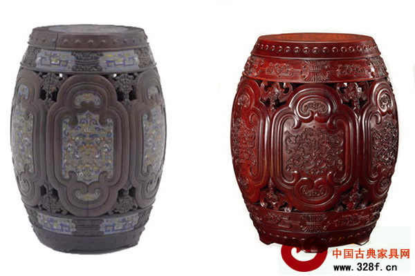 故宮典藏紫檀嵌琺瑯繡墩(左),區(qū)氏改制小葉紫檀西番蓮紋坐墩(右) 故宮典藏紫檀嵌琺瑯繡墩(左),區(qū)氏改制小葉紫檀西番蓮紋坐墩(右)