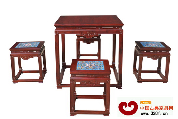 小葉紫檀鑲掐絲琺瑯方凳帶桌 小葉紫檀鑲掐絲琺瑯方凳帶桌
