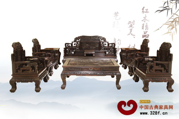 名典紅木《大紅酸枝·銀絲三國沙發(fā)》