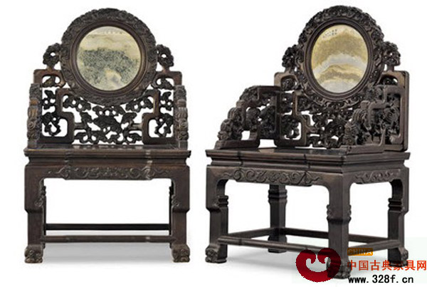 清早期·紅木嵌大理石靈芝紋太師椅成對(duì) 清早期·紅木嵌大理石靈芝紋太師椅成對(duì)