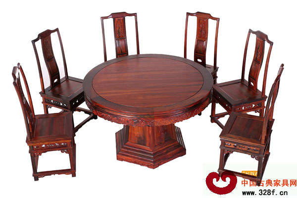 南枝紅紅木四季花六面底圓餐桌 南枝紅紅木四季花六面底圓餐桌