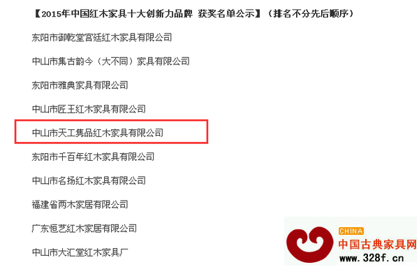 中山市天工雋品紅木家具有限公司在“紅木行業(yè)奧斯卡”中榮獲“2015年中國(guó)紅木家具十大創(chuàng)新力品牌”