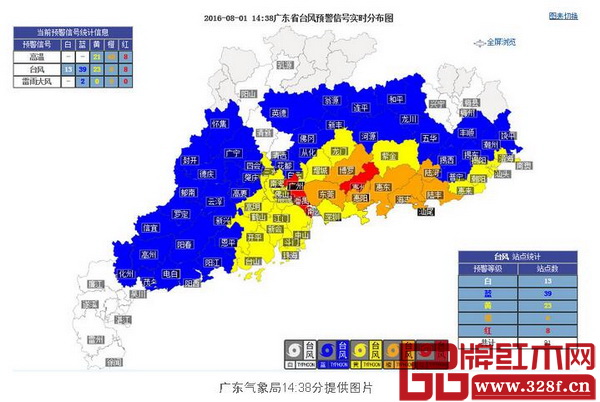 廣東省臺(tái)風(fēng)應(yīng)急響應(yīng)升級(jí)為Ⅱ級(jí)應(yīng)對(duì)“妮妲”(廣東氣象局14:38分提供的臺(tái)風(fēng)預(yù)警信號(hào)實(shí)時(shí)分布圖) 廣東省臺(tái)風(fēng)應(yīng)急響應(yīng)升級(jí)為Ⅱ級(jí)應(yīng)對(duì)“妮妲”(廣東氣象局14:38分提供的臺(tái)風(fēng)預(yù)警信號(hào)實(shí)時(shí)分布圖)