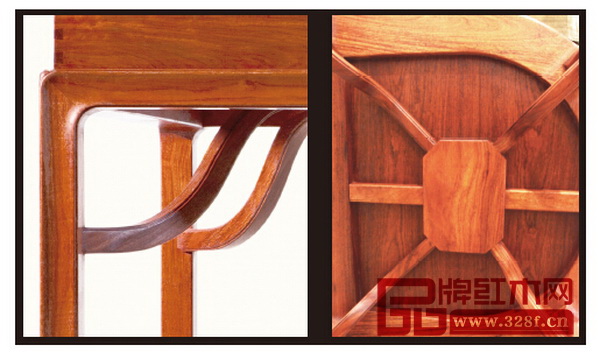 左：霸王棖為s形，這種構(gòu)造，既能兼顧家具造型清秀，又能保證家具牢固，是一種集力學(xué)美與藝術(shù)美的連接件（圖為世外桃源產(chǎn)品局部圖） 右：霸王棖是上端與桌面的穿帶相接，用銷釘固定，下端與腿足相接的一種榫卯明式家具常見的線形 （圖為世外桃源產(chǎn)品局部圖）