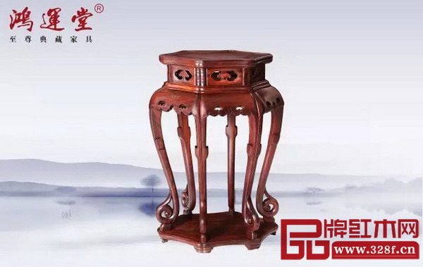 鴻運(yùn)堂《大紅酸枝高束腰三彎腿六角形花幾》