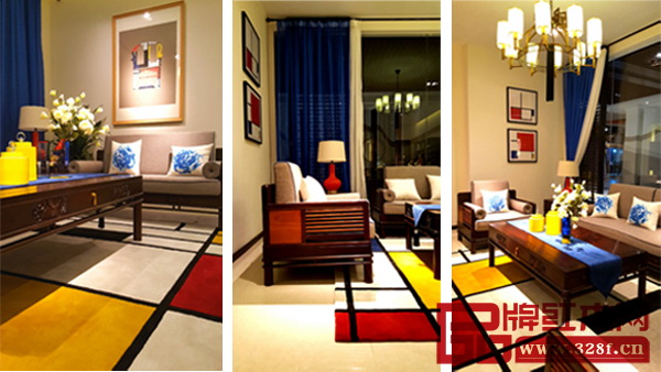 以《構(gòu)圖：紅黃藍(lán)》為靈感的客廳充滿現(xiàn)代摩登氣息之余又一種中式典雅