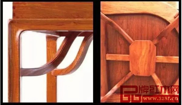 霸王棖為s形，這種構造，既能兼顧家具造型清秀，又能保證家具牢固，是一種集力學美與藝術美的連接件（左圖為世外桃源產品局部圖） 