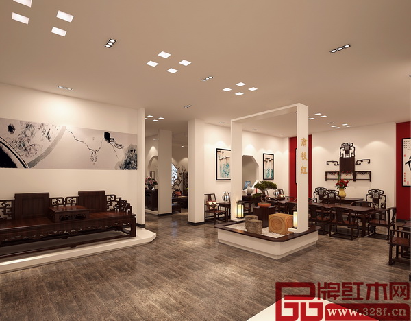 南枝紅紅木深圳店設(shè)計圖簡約大方的格局，襯托出紅木家具的典雅