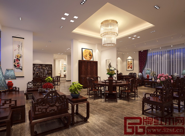 南枝紅紅木深圳店設(shè)計圖整體風格“華而不虛”，突出紅木家具的古色韻味