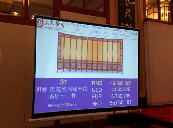 黃花梨福祿壽紋隔扇十二件拍出4900萬(wàn)高價(jià) 黃花梨福祿壽紋隔扇十二件拍出4900萬(wàn)高價(jià)