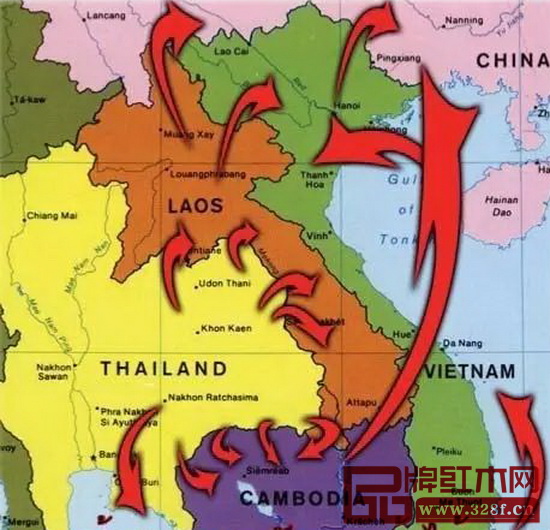 交趾黃檀走私流向示意圖