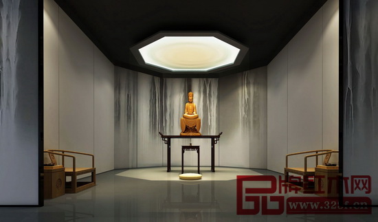通過(guò)極簡(jiǎn)主義突顯天地之寬，呈現(xiàn)出佛學(xué)禪意，通過(guò)水墨渲染、大量留白構(gòu)建出一座幽靜自然的紅木家具展覽館（圖片為宋光飛設(shè)計(jì)作品）