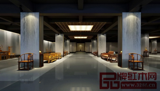 通過(guò)極簡(jiǎn)主義突顯天地之寬，呈現(xiàn)出佛學(xué)禪意，通過(guò)水墨渲染、大量留白構(gòu)建出一座幽靜自然的紅木家具展覽館（圖片為宋光飛設(shè)計(jì)作品）