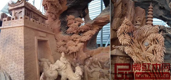 福建建甌籍根雕愛好者用花梨千年樹根雕刻的《清明上河圖》局部