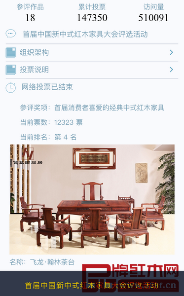飛龍紅木以網(wǎng)絡(luò)投票第四名的優(yōu)勢最終奪得大獎(jiǎng)