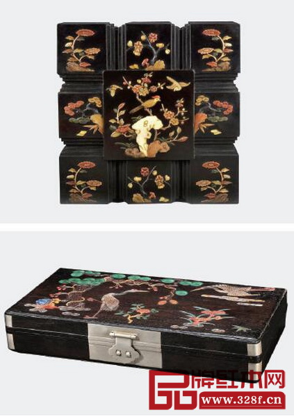 百寶嵌除了在傳統(tǒng)家具上被廣泛應用,像首飾盒、拜盒等小件上也有使用,如上圖的《紫檀百寶嵌鳥禽圖首飾盒》,下圖的《清中期 紫檀百寶嵌拜盒》 百寶嵌除了在傳統(tǒng)家具上被廣泛應用,像首飾盒、拜盒等小件上也有使用,如上圖的《紫檀百寶嵌鳥禽圖首飾盒》,下圖的《清中期 紫檀百寶嵌拜盒》