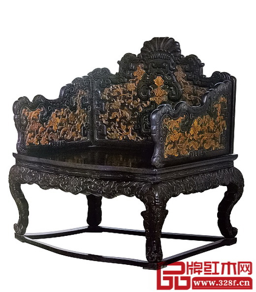 清中期 紫檀嵌黃楊木西番蓮紋寶座