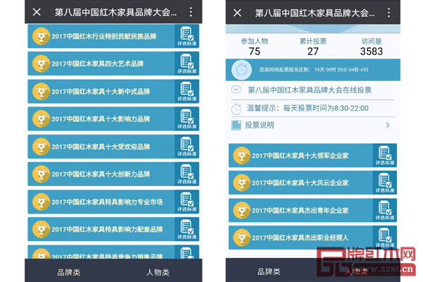 左圖為本屆紅木總評榜的“品牌類”獎項、右圖為“人物類”獎項