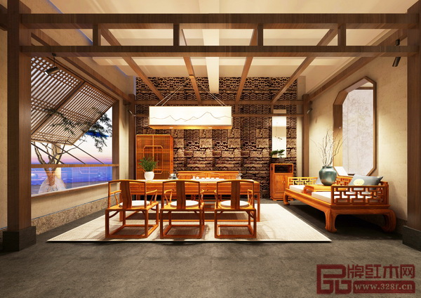 木說(shuō)茶居空間內(nèi)，紅木家具與茶道、香道、文創(chuàng)、漆藝等搭配相得益彰 