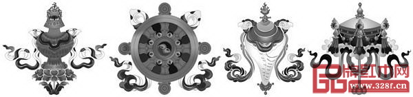  佛八寶紋（從左至右：寶瓶、法輪、法螺、華蓋）