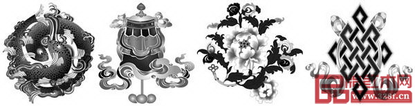  佛八寶紋（從左至右：金魚、寶傘、蓮花、盤腸）