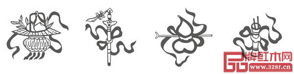  道八寶紋（從左至右：藍(lán)采和的花籃、呂洞賓的寶劍、鐵拐李的葫蘆、張果老的魚鼓）