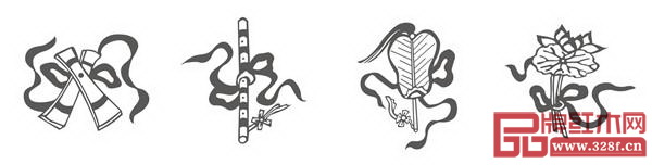 道八寶紋（從左至右：曹國舅的玉板、韓湘子的紫簫、漢鐘離的寶扇、何仙姑的荷花）