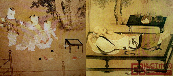  宋《小庭嬰戲圖》（左）及宋《槐蔭消夏圖》（右） 宋《小庭嬰戲圖》（左）的小方凳以及宋《槐蔭消夏圖》（右）的榻均采用套色拼接，《無畏》系列仿效宋代家具的材質(zhì)混搭，采用古夷蘇木與黑檀材質(zhì)拼接，深淺套色形成視覺躍動