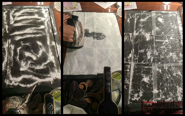 水雨軒功夫茶臺茶盤清洗步驟,一撒消毒粉(左),二鋪紙巾(中),三灑水弄濕(右) 水雨軒功夫茶臺茶盤清洗步驟,一撒消毒粉(左),二鋪紙巾(中),三灑水弄濕(右)