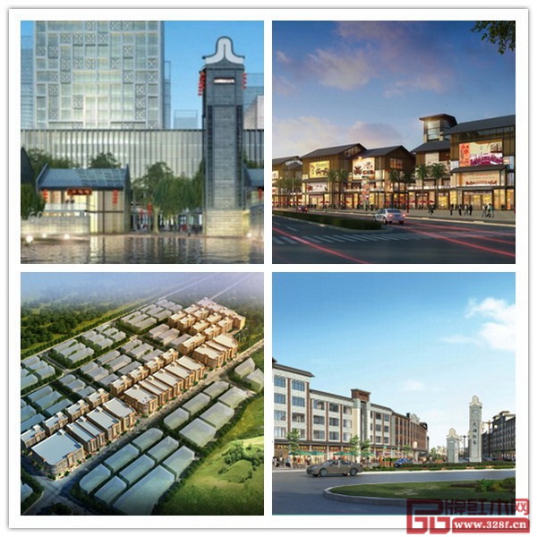 紅博城二期——尚都文創(chuàng)空間效果圖（左上）；大涌紅木品牌園效果圖（右上）；南華紅木家具產(chǎn)業(yè)園效果圖（左下）；興涌東路效果圖（右下）