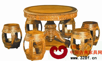 越南黃花梨清式圓桌配六鼓凳