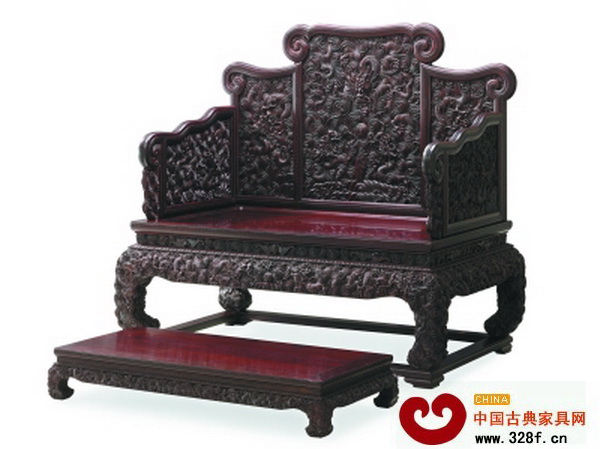 葉紫檀精刻水龍紋大寶座加腳踏