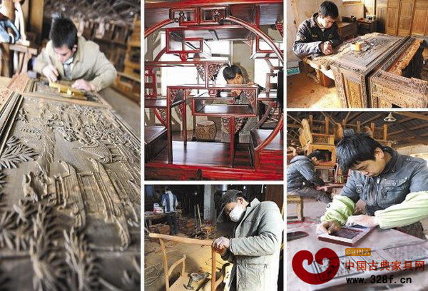 紅木家具生產車間里，拼裝工、雕刻工、刮磨工在每道工序上精工細作