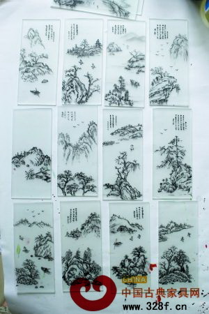 紅木宮燈特有的手繪砂玻璃畫工藝