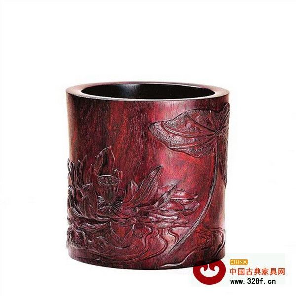 徐善根作《紅塵嘉荷》紫檀筆筒