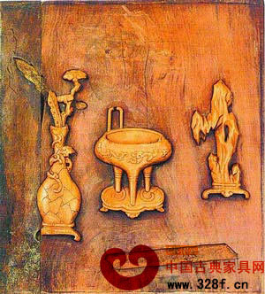 明·黃花梨鑲黃楊木博古紋案屏浮雕