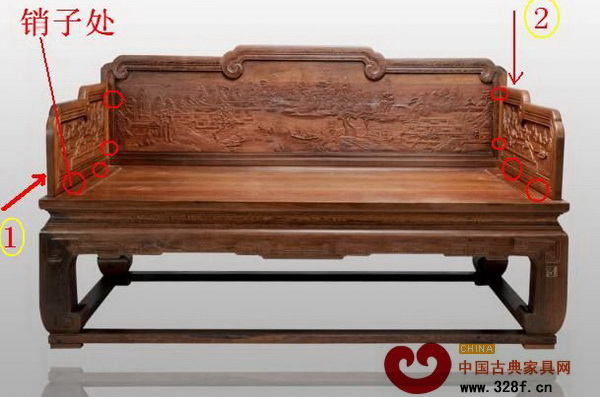 羅漢床為主走馬銷位置圖,1、2為用力拍動的順序和用力方向