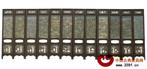 清乾隆紫檀嵌染牙廣韻十二府圍屏