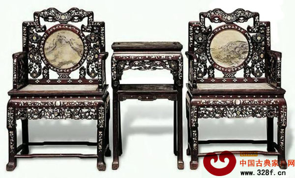 清代紅木嵌螺鈿大理石太師椅