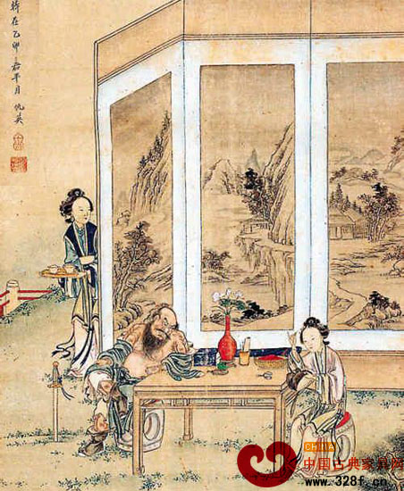 《仕女》圖中,仕女與大漢分別坐在坐墩上,趣味橫生