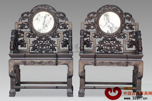 紅木雕靈芝紋大理石太師椅(一對(duì))