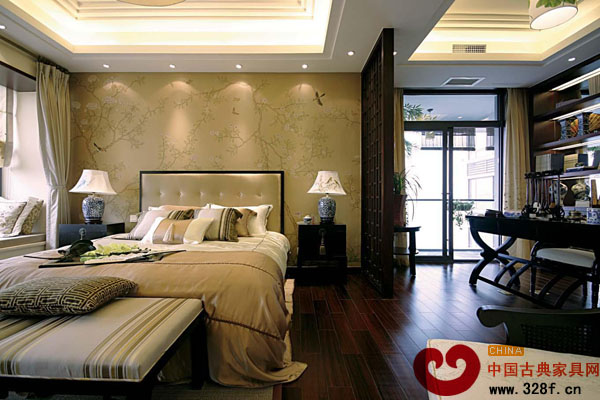 中式風(fēng)格臥室壁紙背景墻效果圖